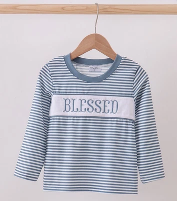 HD Boy Blue and White Stripe "BLESSED"  Pull Over Shirt Size 4  NEW - Image 1 of 3