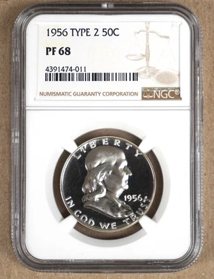 1956 TYPE 2 PROOF FRANKLIN HALF DOLLAR NGC PF68 474011 - Image 1 of 2