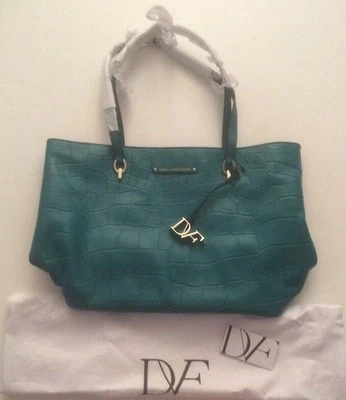 Bolsa tote nova com etiquetas DVF US$ 368 couro com zíper viagem pronta para ir azul-petróleo - Imagem 1 de 4