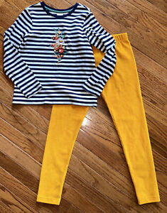 Hanna Andersson Girls Sz 8 Set Floral Striped Shirt And Mustard Corduroy Pants 