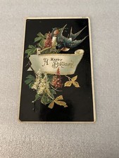 Birthday Postcard Black Gelatin Gold Lilacs Old World Birds Pretty!