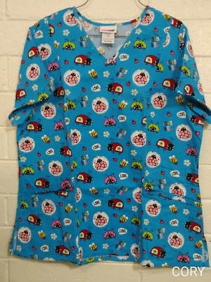 woman SCRUBSTAR MEDICAL SCRUB BLOUSE TOP Sz LARGE Smiling Blue Love Bug Ladybug  - Image 1 of 4
