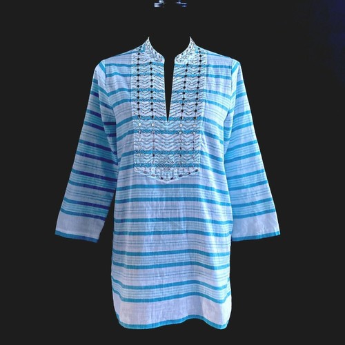 Tunica Michael Kors S bianca blu righe argento perline impreziosita tunica cotone