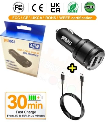 PD 32W Car Charger USB-C Dual Ports Fast Charging Adapter Kit For iPhone Samsung - Image 1 of 4