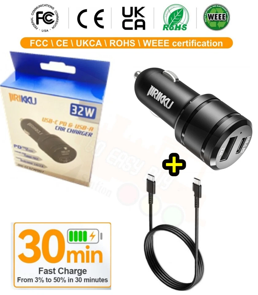 PD 32W Car Charger USB-C Dual Ports Fast Charging Adapter Kit For iPhone Samsung - Image 1 of 4