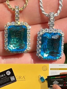 Hip Hop Iced Moissanite & Blue Stone Bling Pendant 925 Silver / 14k Gold Plated - Picture 1 of 14