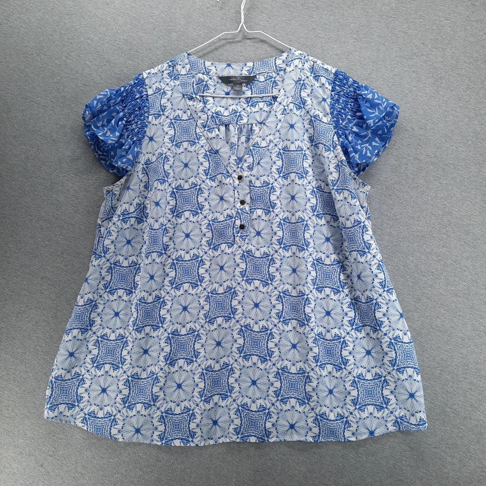 Market & Spruce Blouse Womens 1X Blue White Geometric 1/4 Button Lightweight Top - Image 1 of 4