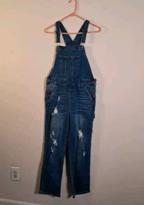 No Boundaries Denim Destressed Blue Overalls Straight Leg Size M 7-9 - Picture 1 of 5