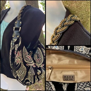 Vtg Maxx New York Black Tapestry Multicolor Leather Strap Shoulder Bag Flaw 14x9 - Picture 1 of 8
