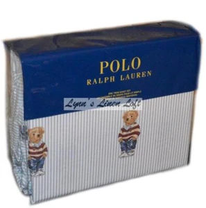 RALPH LAUREN Teddy Bear Stripe Boy Rugby Shirt TWIN SHEET SET 3PC COTTON Blue - Picture 1 of 4