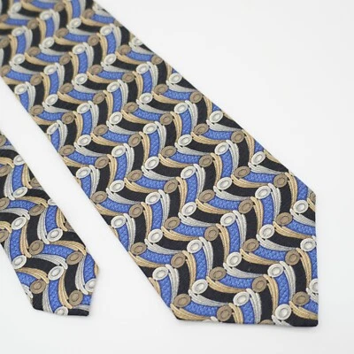 Countess Mara Blue Tan Gray Geometric Print Wide Silk Tie - Image 1 of 4