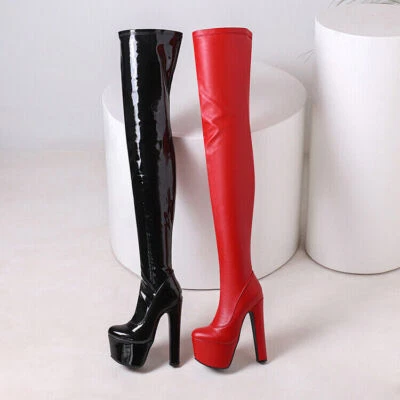 Women's Faux Leather Over The Knee Thigh Boots Sexy High Heels Platform Shoes - Image 1 of 4