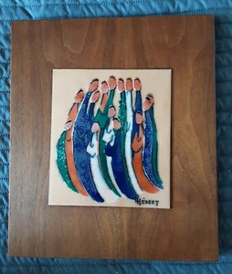 MCM VINTAGE Wall Plaque Art Decor Enamel On Copper On Wood Signed - Picture 1 of 9