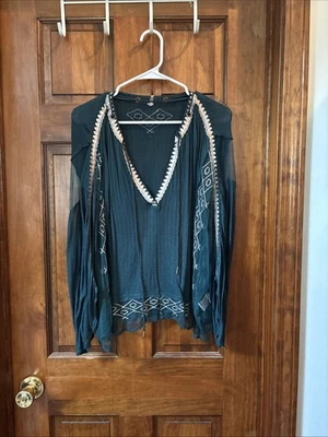 Blusa Free People Mujer Verde Mediana Transparente Bordada Boho Campesina Top Borla Foto 1 de 2