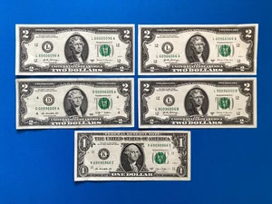 Lot (5) FLIPPER / ROTATOR $2 / $1 Dollar Bill Fancy Serial Number - Picture 1 of 2