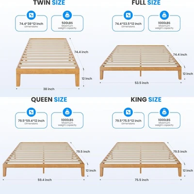 大号木质床架 12 英寸木质厚底床粉底带支撑板条 — 第 1/4 张图片