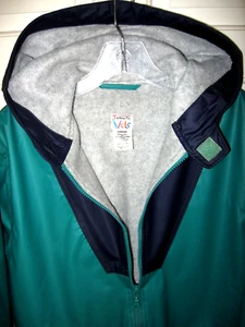 TALBOTS KIDS FLANNEL LINED RAINCOAT SZ LARGE GREEN NAVY HOODED FULL ZIP EUC - Picture 1 of 6