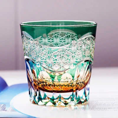 UNMARKED Edo Kiriko Drinking Glass New Style Hand Cut Crystal Whisky Cup 9oz Green