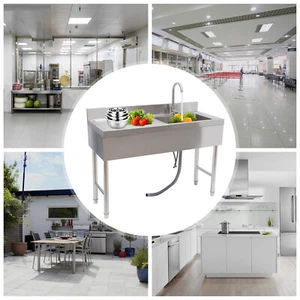 Freestanding Single Bowl Kitchen Restaurant Sink w/Faucet & Drainboard Workbench - Picture 1 of 18