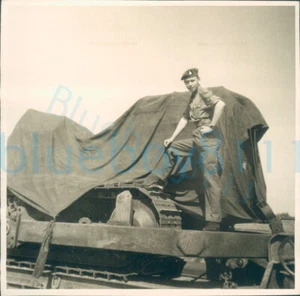 1950s Belgian Army Photo Soldier on covered tank 3.25x3.25" - Picture 1 of 2