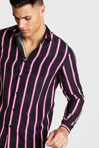 BOOHOO MAN: NEON STRIPE LONG SLEEVE MEN'S SHIRT TOP (NEW) - Picture 1 of 3