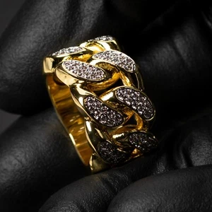 Men's Cz Iced Yellow Gold Plated Cuban Link Hip Hop Statement Pinky Ring - Picture 1 of 5
