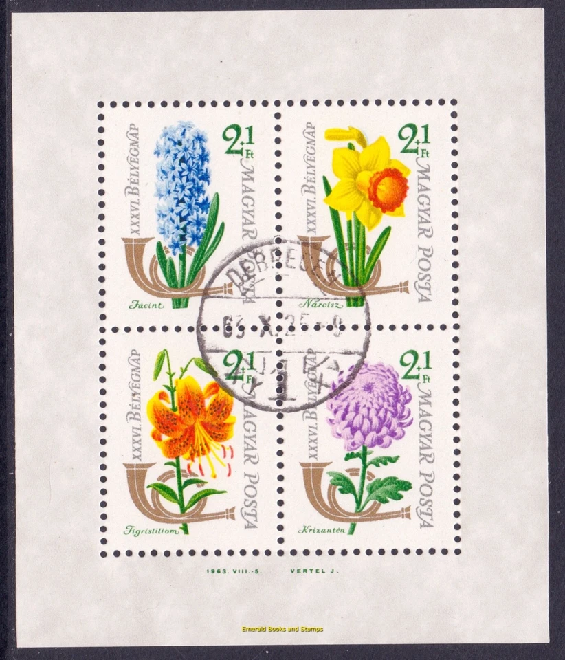 EBS Hungary 1963 - Stamp Day - Flowers - Michel Block 39 A - CTO - Image 1 of 1