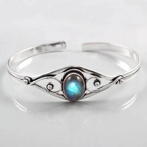 925 Sterling Silver Natural Gemstone Bangles Open bracelet Handmade Jewelry Gift - Picture 1 of 8