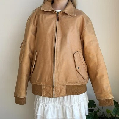 Timberland Men's/Unisex Medium Tan Brown Cowhide Leather Collared Bomber Jacket - Image 1 of 4