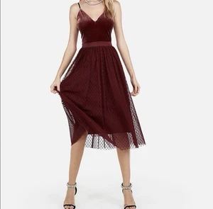 Vestido Corpiño Express Tul y Terciopelo Merlot/Rojo Profundo Vacaciones Nuevo con Etiquetas M - Imagen 1 de 6