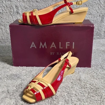 Amalfi by Rangoni Red Tan Italian Leather Slingback Wedge Sandals 8.5 Italy NIB - Image 1 of 4