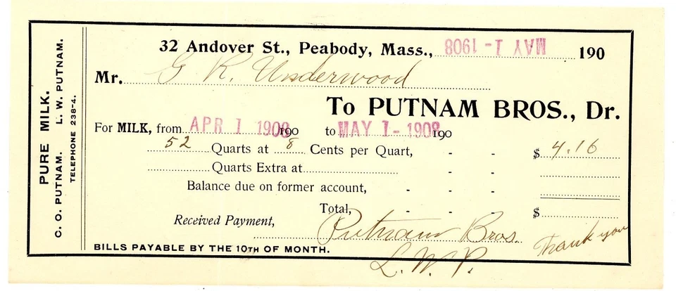 1908 Putnam Bros CO & LW Putnam Peabody Massachusetts milk receipt for 52 quarts - Image 1 of 1