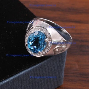 Natural Blue topaz & C Z Gemstones with 925 Sterling Silver Ring for Men's #F10 - Picture 1 of 8