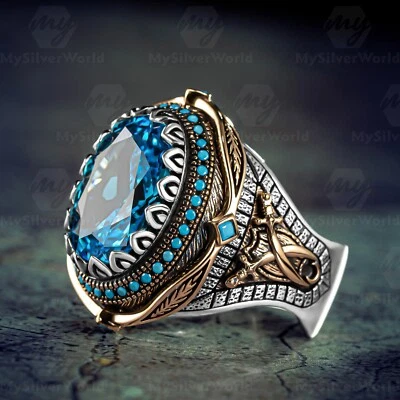 Anillo turco hecho a mano de plata de ley 925 con piedra aguamarina para hombre Foto 1 de 4