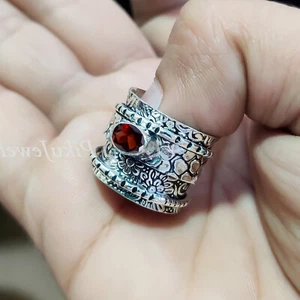 Faceted Garnet Red Gemstone 925 Sterling Silver Ring Handmade Spinner Jewelry - Picture 1 of 9