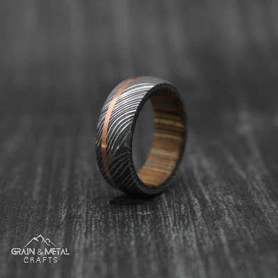 Damascus Steel Copper Liner Ring, Men Wood Wedding Band, Engagement Ring - Image 1 of 4