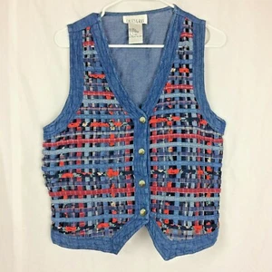 Casey & Max Vest Denim Checks and Florals Basket Weave Front Back Tie Vintage S  - Picture 1 of 8