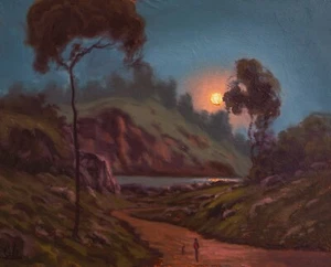 Oil Painting Landscape Western Vintage Antique Art Moon Old Signed MAX COLE 7604 - Picture 1 of 2