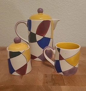 Hues 'n Brews Tea Set Cup Sugar &Teapot, Abstract Print - Picture 1 of 13