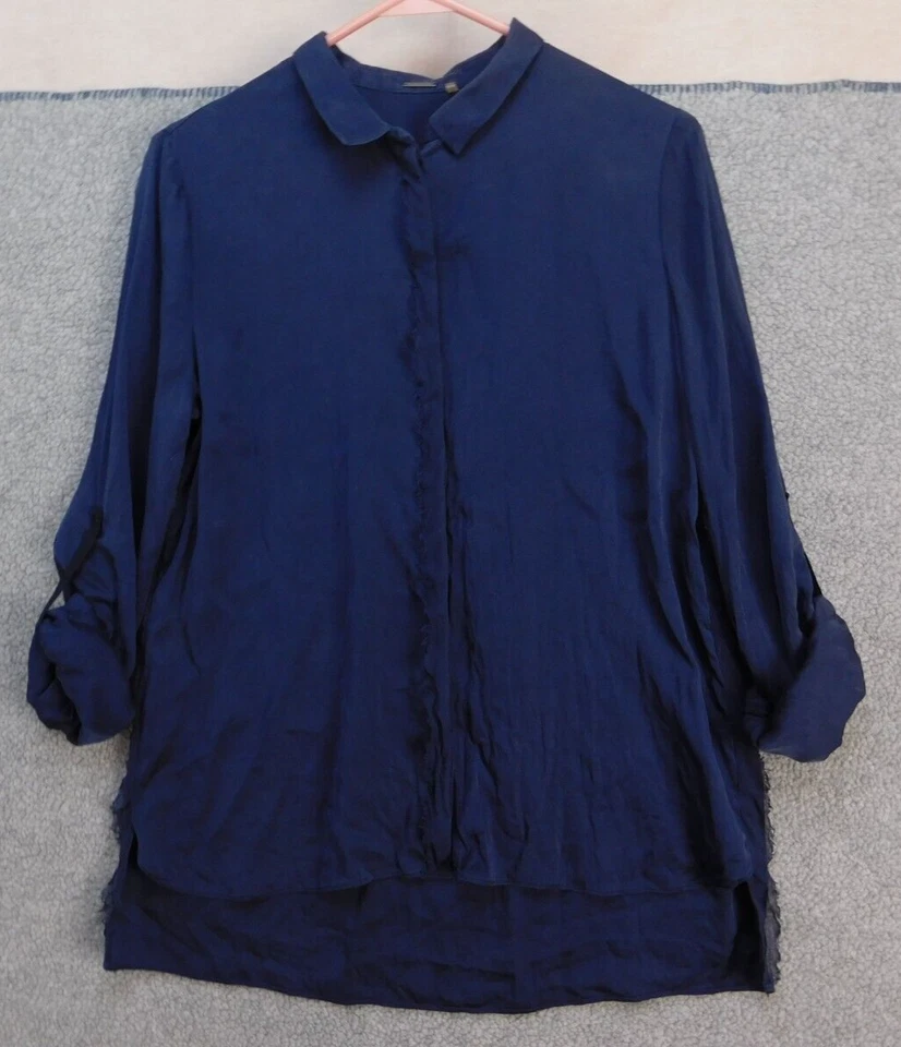 Top de seda Elie Tahari para mujer S azul marino cuello manga larga lengüeta enrollable abotonada Foto 1 de 4