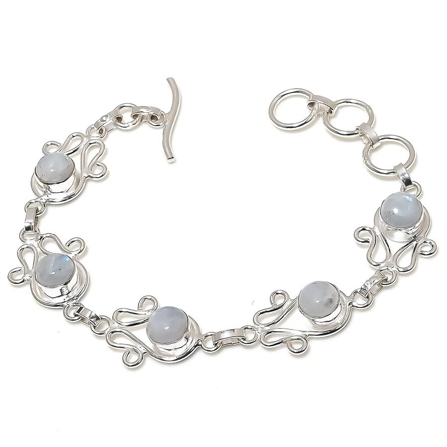 Brazalete de joyería de plata de ley 925 hecho a mano con piedras preciosas de luna arco iris talla 7-8" Foto 1 de 1