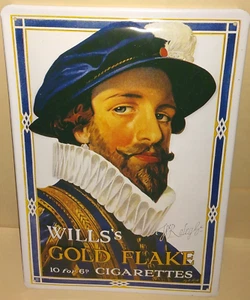 Sir Raleigh Will's Gold Flake Cigarettes Embossed Metal Advertising Sign ~ MINT - Picture 1 of 4