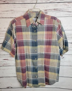 NWT VTG Button Up Shirt Keren Hart Pink Blue Plaid Short Sleeve Women's Sz Small - Picture 1 of 8