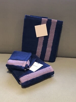 New Calvin Klein George Bath Towel Set Cobalt Blue Pink Stripes 100% Cotton 3 Pc - Image 1 of 4