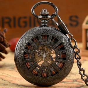 Black Steampunk Pocket Skeleton Watch Mechanical Chain Fob Wind up Vintage Style - Picture 1 of 10
