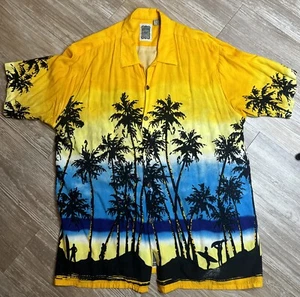Ocean Current Shirt Mens Med V-Neck Hawaiian Island Palm Scene Rayon Button Up - Picture 1 of 7
