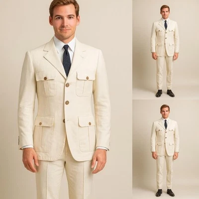 Chaqueta de safari marfil para hombre de lino 2 piezas informal ocio caza chaqueta abrigo de verano Foto 1 de 4