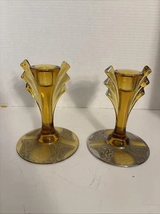 2 Duncan & Miller Candlestick Candle Holder Amber Glass #16 "Salome" Lotus etch - Picture 1 of 10
