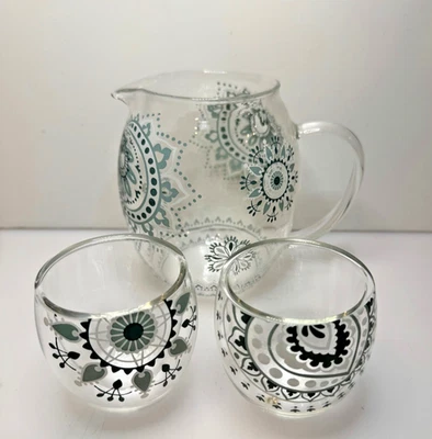 Tetera de vidrio artístico con 2 tazas pequeñas de doble pared patrón azul y blanco *sin tapa Foto 1 de 4