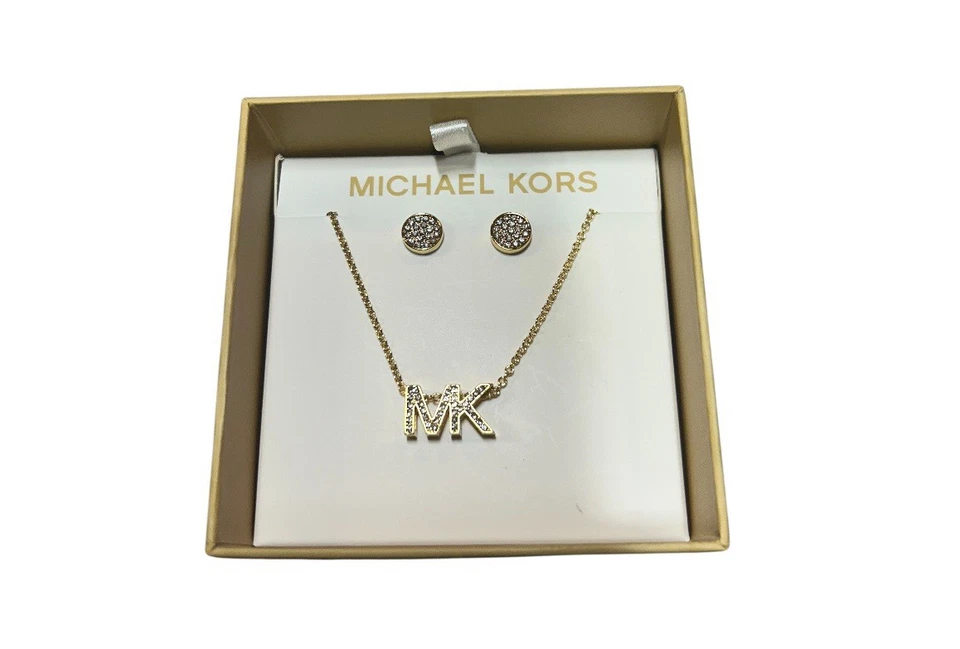 Collar y pendientes Michael Kors MK Logo colgante tono dorado latón nuevos con etiquetas en caja Foto 1 de 4
